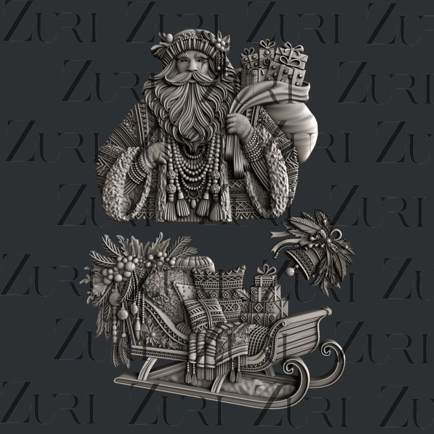 Bohemian Santa and Sled silicone mold by Zuri Designs