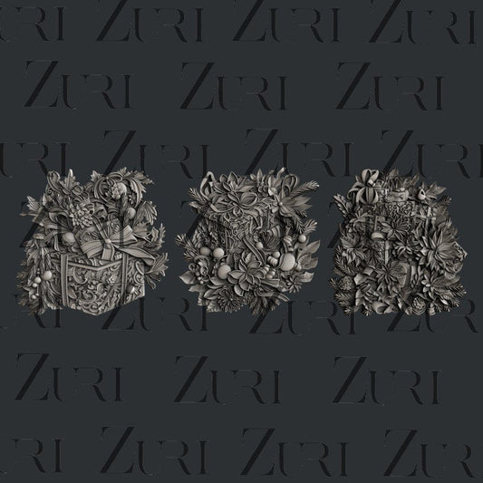 Zuri Designs Christmas Gifts Set 2 is a silicone mold with a set of 3 presents decorated with leaves and flowers.